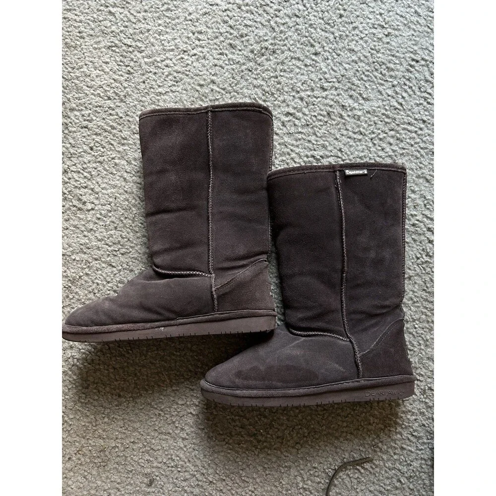 BearPaw Emma Tall Suede Sheepskin Lined Flat Casual Boots Size 9 Dark Brown
